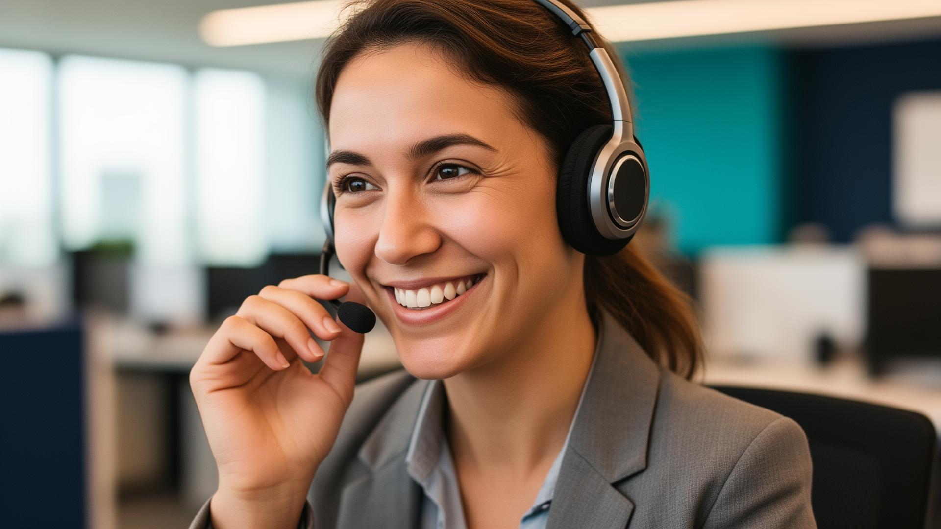 Friendly IT support specialist smiling while talking to a customer through a headset